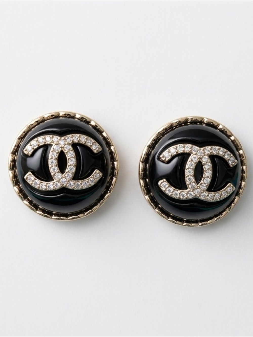 ChaneI Black and Gold Crystal Button Stud Earrings